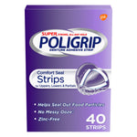 Front-facing product box of Poligrip Comfort Seal denture adhesive strips in purple packaging showing 40 strips callout
