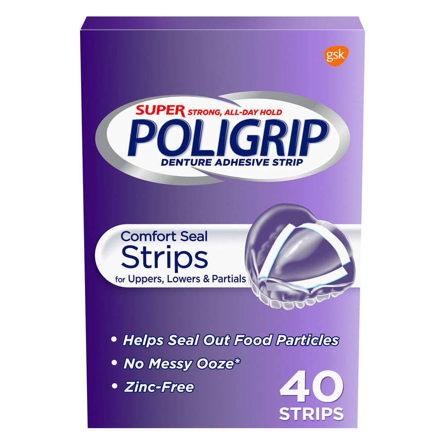 Front-facing product box of Poligrip Comfort Seal denture adhesive strips in purple packaging showing 40 strips callout