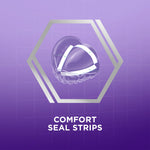 Hexagon icon featuring a translucent denture with white comfort seal strips and the caption comfort seal strips