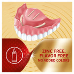 Illustration of an upper denture with highlighted sealing strips and label 'Zinc Free, Flavor Free, No Added Colors'.