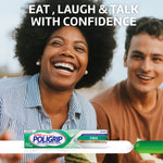 Happy people with a Poligrip product tube shown at the bottom and headline 'Eat, laugh & talk with confidence'.