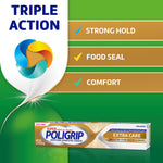 Green infographic panel showing Poligrip Extra Care tube and three benefits: strong hold, food seal, comfort.
