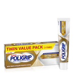 Poligrip Extra Care twin value pack box displayed with a single tube of denture adhesive cream on white background.
