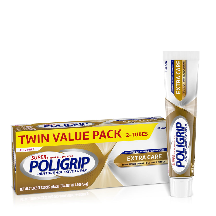 Poligrip Extra Care twin value pack box displayed with a single tube of denture adhesive cream on white background.
