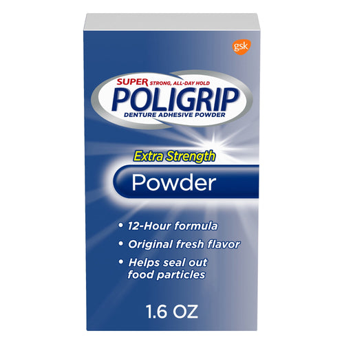 Poligrip Extra Strength denture adhesive powder retail box with blue design and product claims