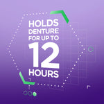 Purple infographic background with bold white text stating holds denture for up to 12 hours and graphic accents