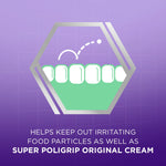 Hexagon icon showing stylized teeth and a protective barrier with text about keeping out irritating food particles