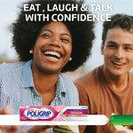 Two smiling people in a lifestyle image with Poligrip box and text ‘EAT, LAUGH & TALK WITH CONFIDENCE’