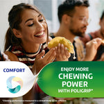 Woman enjoying a taco with Poligrip green comfort panel reading enjoy more chewing power with Poligrip.