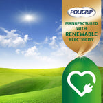 Poligrip logo over a landscape graphic with a banner stating manufactured with renewable electricity and a green power icon.