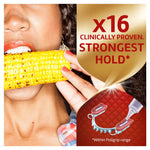 Close-up marketing panel showing a person biting corn and text claiming 'x16 clinically proven strongest hold' with denture graphic.