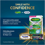 Promotional panel showing Poligrip and Polident logos with product boxes and message smile with confidence
