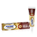 Poligrip Power Max denture adhesive cream tube standing next to its branded gold and red product box on white background.
