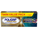Poligrip Power Max twin value pack box showing Ultimate all‑in‑1 and 2-tubes callout on white background