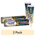 Two boxed tubes and a tube of Poligrip Power Max denture adhesive cream shown with a '2 Pack' label beneath.