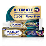 Poligrip Power Max denture adhesive tubes and retail display card showing Ultimate 2.2 oz flavor free claim