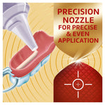 Graphic showing a precision nozzle applying adhesive to a denture with text 'Precision Nozzle for Precise & Even Application'.