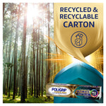 Forest background with text about recycled recyclable carton and a small Poligrip Power Max box image