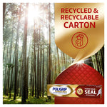 Forest scene background with overlay showing Poligrip Power Max carton and text reading 'Recycled & Recyclable Carton'.