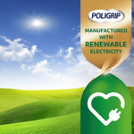 Scenic green field and blue sky graphic with Poligrip logo and a gold ribbon reading ‘MANUFACTURED WITH RENEWABLE ELECTRICITY’