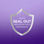 Shield-shaped badge on a purple background reading helps seal out irritating food particles in white text