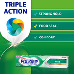 Poligrip product graphic with green background highlighting triple action benefits: strong hold, food seal, comfort.