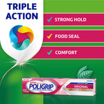 Green promotional panel reading ‘TRIPLE ACTION’ with checklist of strong hold, food seal and comfort and a Poligrip Original box at the bottom