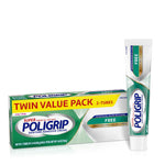 Poligrip twin value pack box and a tube of Poligrip denture adhesive cream displayed on white background.
