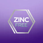 Purple hexagon graphic with bold text declaring ZINC FREE set against a dotted grid background