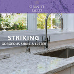 Polished granite countertop and sink with Granite Gold branding banner and text promoting shine and luster