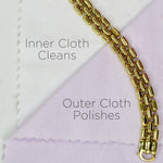 Close-up of two polishing cloths labeled inner cloth cleans and outer cloth polishes with a gold chain edge
