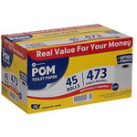 Cardboard carton of POM toilet paper showing brand logo and bold text '45 rolls' and '473 sheets per roll'