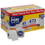 POM toilet paper carton displayed with one wrapped roll and one unwrapped roll and a sheet of paper visible