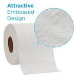 Close-up of an unwrapped POM toilet paper roll with a magnified inset showing the embossed sheet pattern.