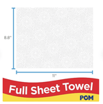 Graphic showing a full sheet towel with dotted swirl emboss pattern and dimensions labeled 11" by 8.8", plus 'Full Sheet Towel' banner and POM logo.