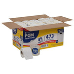 Open cardboard box of POM toilet paper with individually wrapped rolls and two loose rolls shown in front