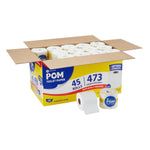 Open cardboard case showing multiple individually wrapped POM toilet paper rolls with one unwrapped roll displayed.