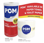 POM branded 2-ply paper towel roll and a POM toilet paper roll pictured together with banner noting both products available and 'individually wrapped'.