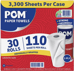 Red and blue POM paper towels case front with large text showing 30 rolls and 110 sheets per roll.
