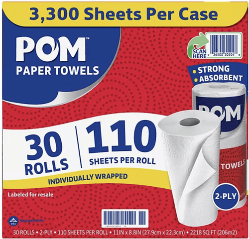 Red and blue POM paper towels case front with large text showing 30 rolls and 110 sheets per roll.