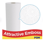 Tall white paper towel roll with a circular magnified callout showing embossed dot swirl pattern and 'Attractive Emboss' banner with POM logo.