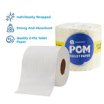 Unwrapped POM toilet paper roll next to a wrapped roll with icons and brief product feature text at left.