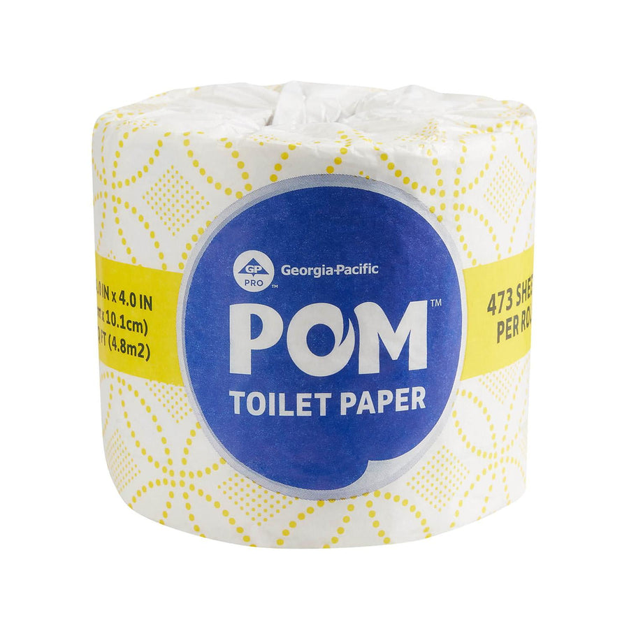 Single POM toilet paper roll wrapped in branded white and yellow packaging with blue logo.