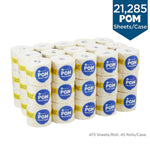 Stacked arrangement of many individually wrapped POM toilet paper rolls showing branded labels and case sheet count badge.