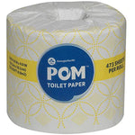 Single POM toilet paper roll in branded white and yellow wrapper with blue logo and '473 sheets per roll' text