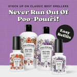 Promotional group image of Poo-Pourri bottles including lavender vanilla refill and smaller sprays with headline about stocking up