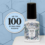 Poo-Pourri Fresh Air bottle on a tiled surface with a circular badge stating ‘Up to 100 stink-free poops!’.