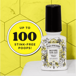 Poo-Pourri Original Citrus bottle on a white surface with a yellow badge reading ‘Up to 100 stink-free poops!’