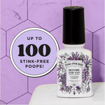 Poo-Pourri Lavender Vanilla bottle on a white surface with purple hexagon background and circular badge claiming up to 100 uses