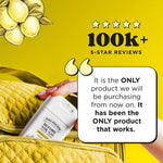 Poo‑Pourri pocket spray being pulled from a yellow bag with a quoted five‑star review and lemon illustration